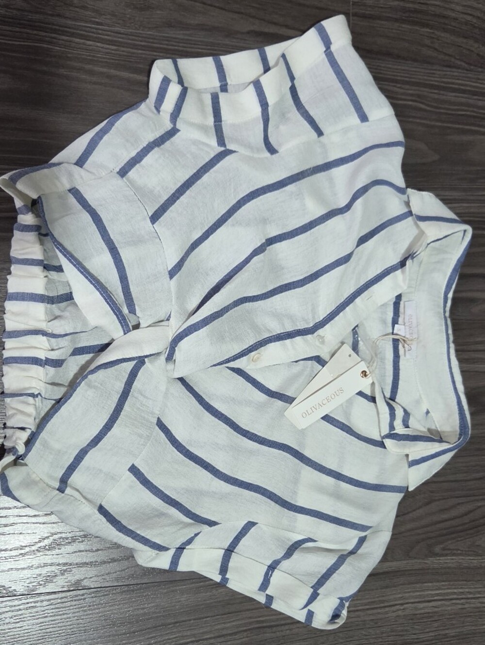 Olivaceous Blue & White Striped Twist-Front Top ā NWT, Size S